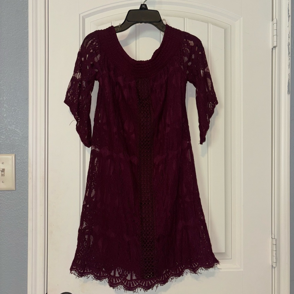 Magenta lacy off the shoulder dress
